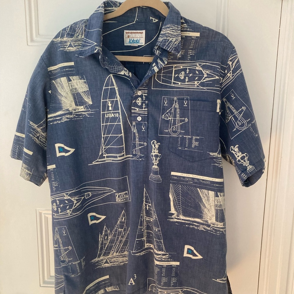 Kahala blue cotton sailboat shirt 3 button with Oxford collar
